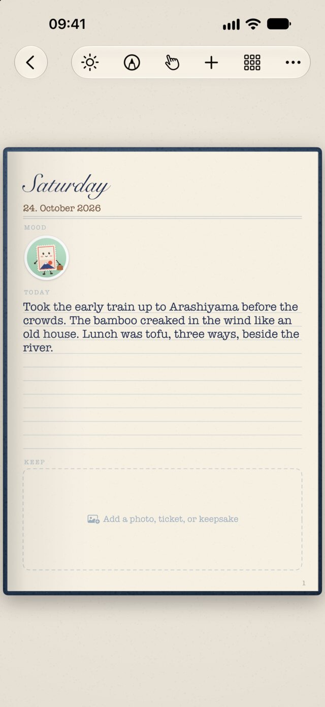 A diary page with Kitte's mood and today's entry